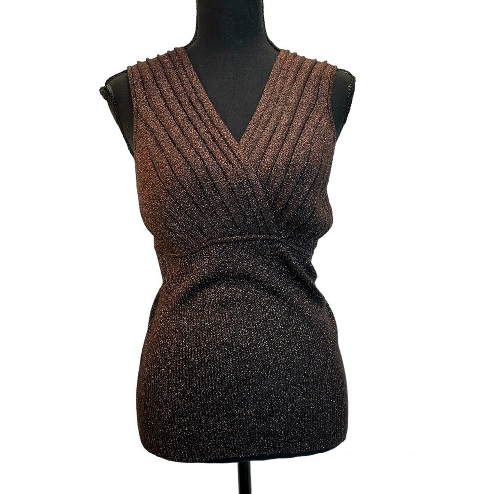 J Michaels metallic bronze brown glitter V-neck tank top knit blouse Sz L